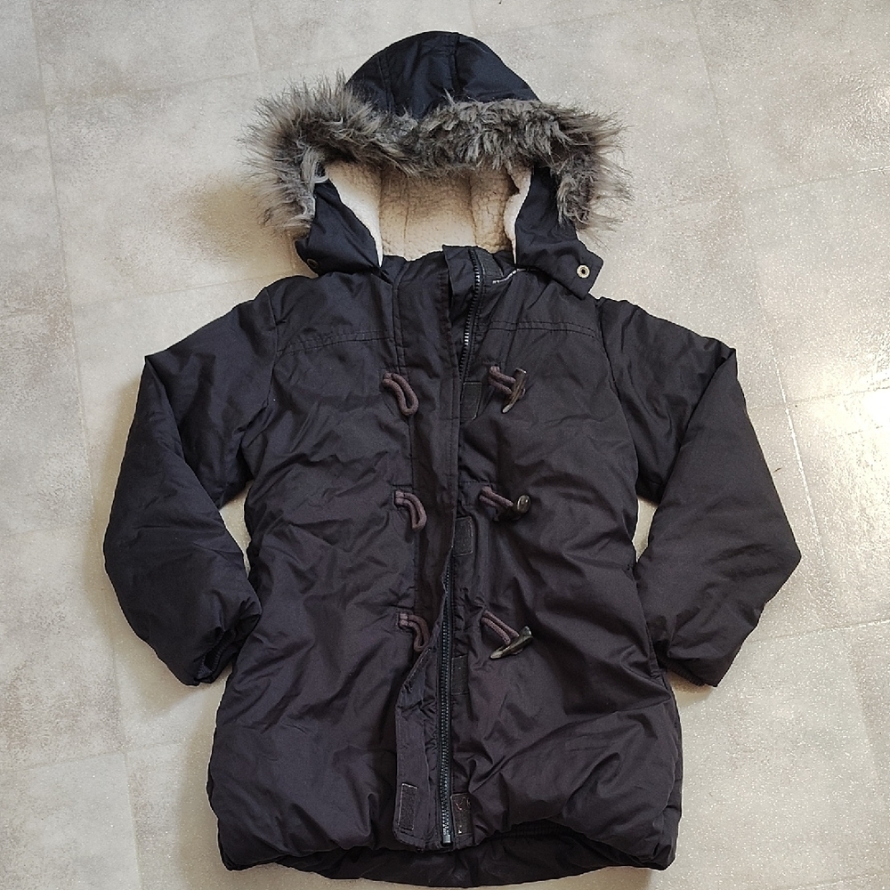 Black Hooded Parka with Faux Fur Trim